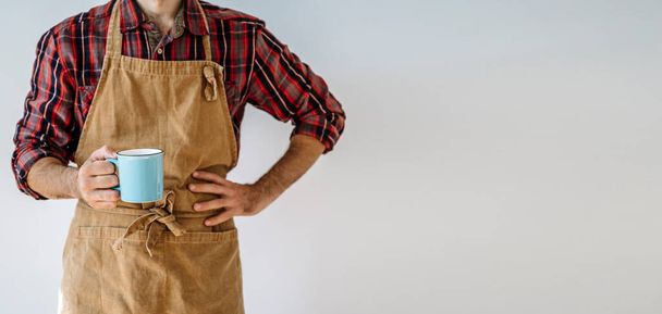 Business owner worker in apron on blank white banner background. Private business concept. High quality photo - Foto, Bild