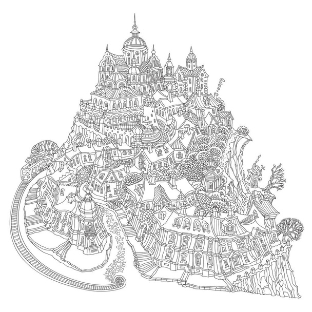 Vector black and white contour fantasy landscape, small town buildings, tram rails and Cathedral church. Adults Coloring Book page  - Vector, Image