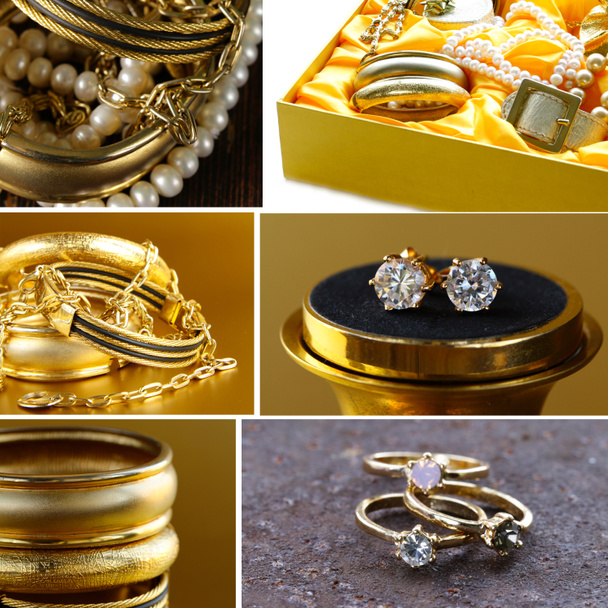 金や貴重な石 (ブレスレット、ネックレス、イヤリング、チェーンの様々 な宝石類のコラージュ) - 写真・画像