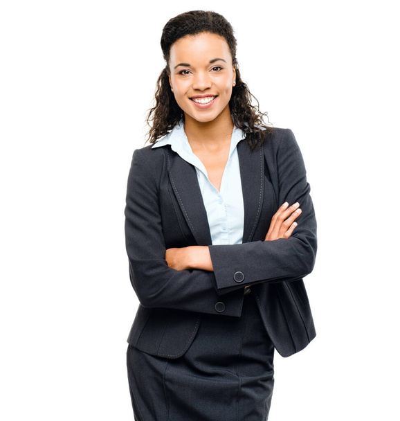 Corporate employee, portrait or arms crossed on isolated white background in future ideas, vision goals or success mindset. Smile, happy or confident business woman in suit or financial growth target. - Fotografie, Obrázek