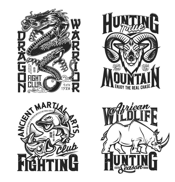 Dragon, rhino, goat and fish sport club mascots and t-shirt prints, apparel vector template. African wild animals, mythical beast and carp fish monochrome typography mockup for hunting and fight sport - Vector, Image