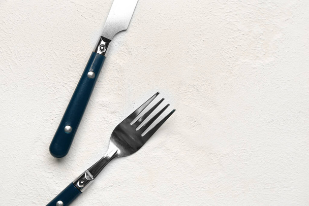 Stainless steel fork and knife with blue handles on white background - 写真・画像