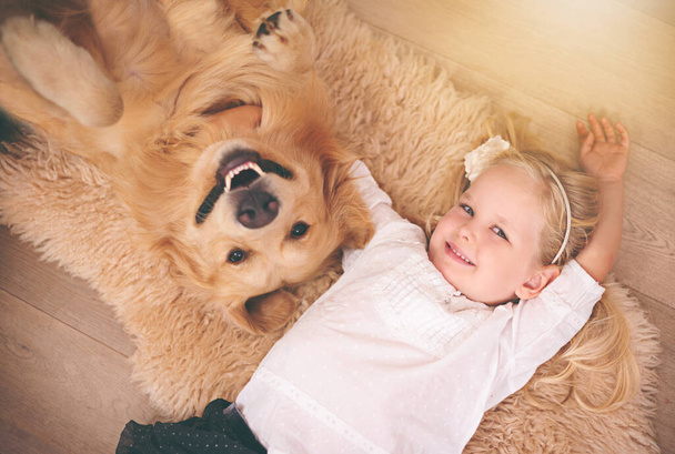 Tyttö, koira ja muotokuva yhdessä lattialla olohuoneessa tai kultainen noutaja, lapsi ja hymyillen lemmikki yläpuolella oleskelutila matto. Pieni lapsi, labradorinnoutaja ja onnellisuus tai perheen koti, lemmikit ja ylhäältä. - Valokuva, kuva