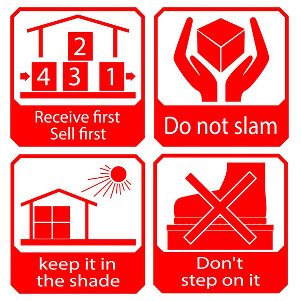 dibujos animados embalaje conjunto de iconos de seguridad, símbolo no slam, no pisar, mantener a la sombra, recibir la primera venta - Vector, Imagen