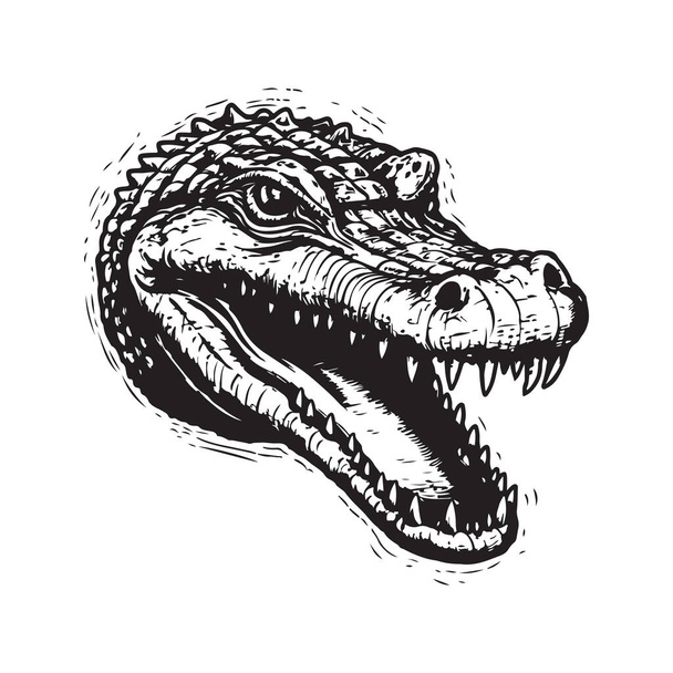 crocodile, vintage logo line art concept black and white color, hand drawn illustration - Vector, Image