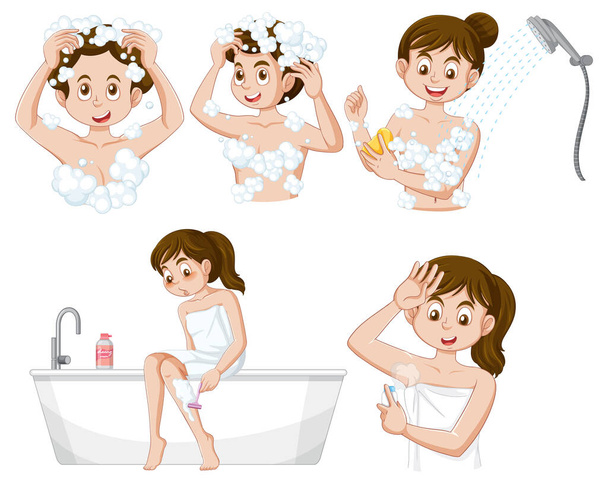 Set of female teen doing self care cleaning routine illustration - Vector, Image