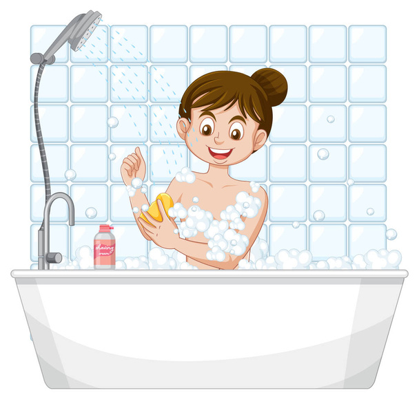 Uma adolescente que toma banho ilustração - Vetor, Imagem