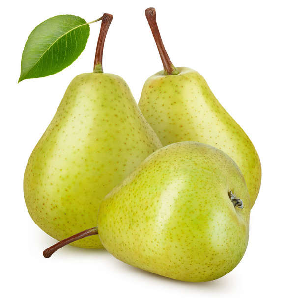 Three ripe pears with leaves. Pear isolated on white background. Professional studio macro shooting - Foto, Imagem