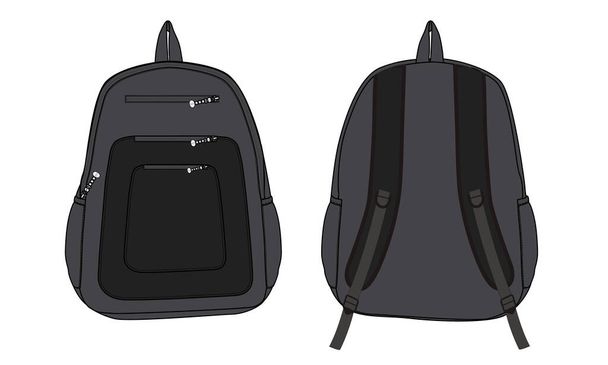 Sırt çantası Teknik taslak düz taslak vektör çizim şablonu beyaz arkaplan üzerinde izole edilmiş ön ve arka görünüm - Vektör, Görsel