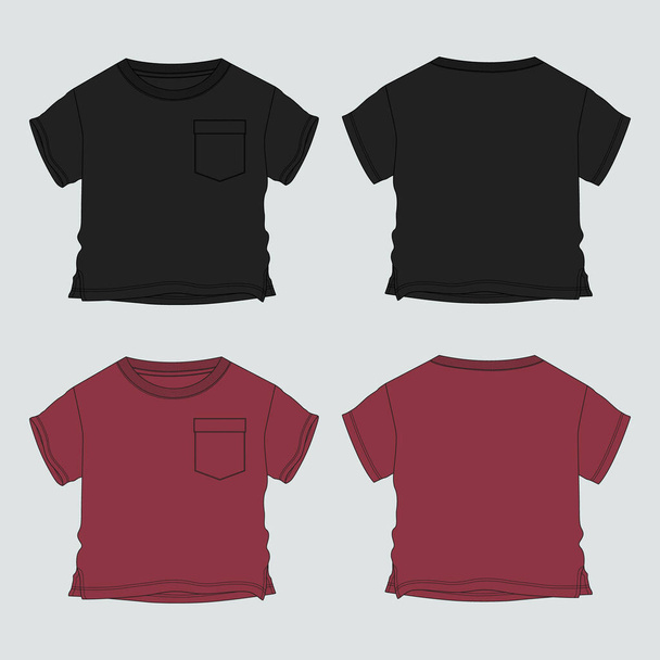 ベビー男の子tシャツ技術図面ファッションフラットスケッチベクトルイラストテンプレートフロントとバックビュー。子供のためのアパレルデザインモックアップ - ベクター画像