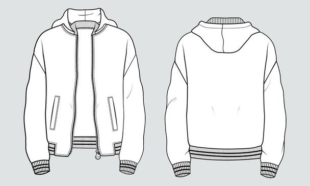 Довгий рукав светр з технічною модою Zipper Малюнок ескізу шаблон спереду і ззаду. дизайн одягу Векторні ілюстрації макет куртки CAD
. - Вектор, зображення