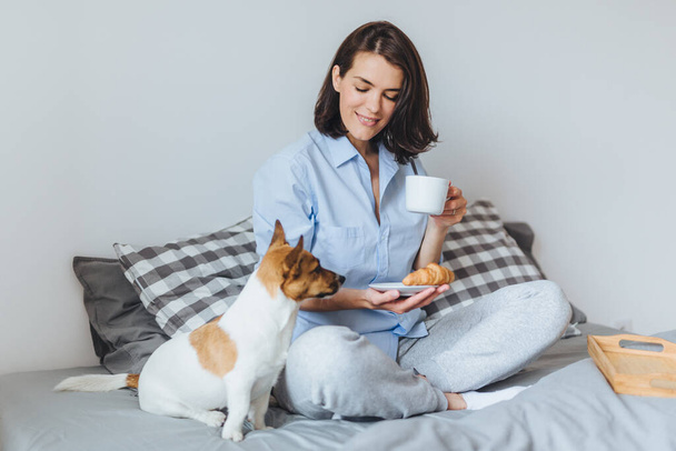 Pleasant looking smiling female model in pyjamas has breakfast in bed, enjoys spare time and good morning, looks at her favourite dog, going to have walk outside. People, rest, home concept. - Fotoğraf, Görsel