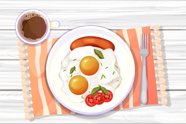 Brakfast with coffee Egg and tomatos and sauseges fried on plate, kitchen wooden table top view decorated with tablecloth in cartoon style. Morning food. Vector illustration - Vector, afbeelding