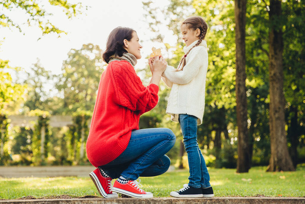 Young mother in warm knitted red sweater plays with her small daughter in park, gives her leaf, enjoy sunny autumn weather. Affectionate mom and little child spend time together outdoor - Fotografie, Obrázek