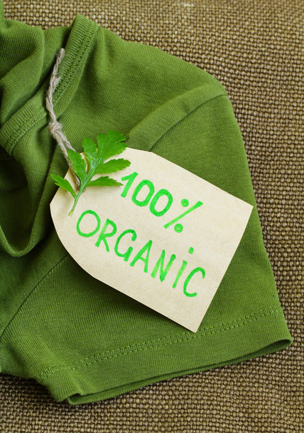 Зеленая рубашка из натуральных тканей с этикеткой органической одежды
 - Фото, изображение