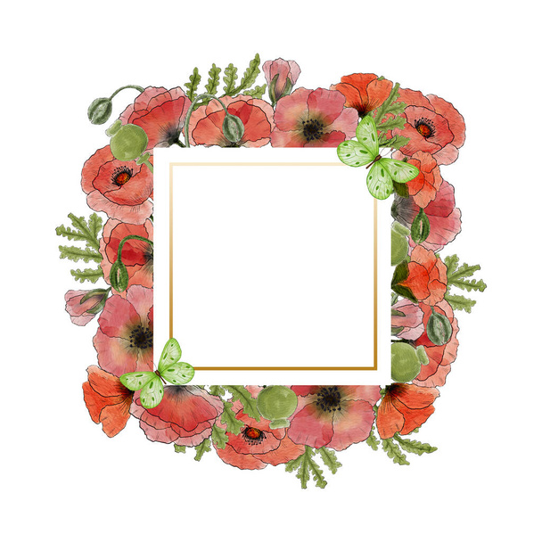 Watercolor card with red poppies. Red poppies and butterfly. Design for invitation, greeting, anniversary and birthdays. Hand drawing. Square frame - Foto, Imagem