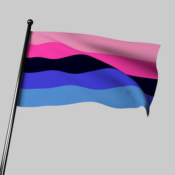 Illustration 3D du tissu Omnisexual Pride Drapeau soufflant dans le vent. Symbole d'attraction pour tous les genres. Il représente l'inclusivité et la diversité, défendant les droits LGBTQ.  - Photo, image
