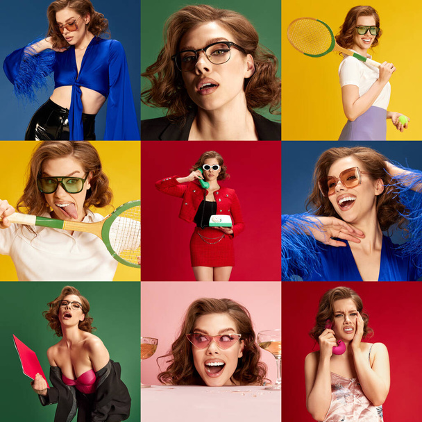 Collage made of portraits of beautiful young woman in stylish different clothes multicolored background. Concept of lifestyle, youth, emotions, beauty, fashion. Complementary colors - Photo, Image