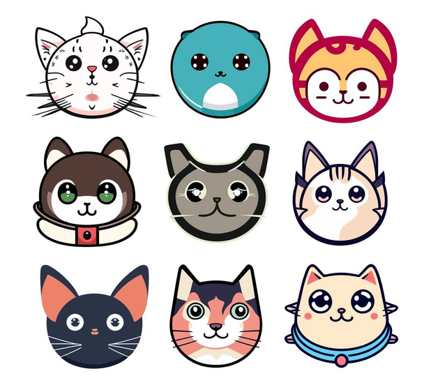Sada roztomilých kočičích tváří v kresleném stylu vektorových ikon. Jednoduchý obrys kočky hlavy emotikonové obrázky. Roztomilé a zábavné kočky nebo kočičí postavy. Domácí zvířata izolované na bílém pozadí. - Vektor, obrázek