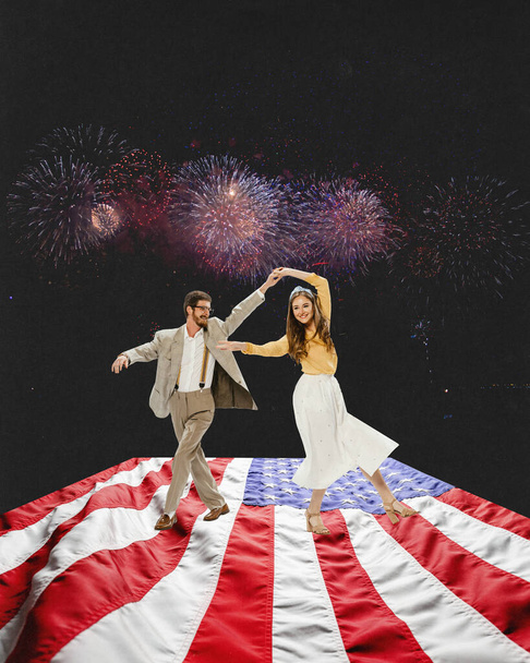 Greeting card. Contemporary art collage with dancing couple celebrating national holiday over USA flag and fireworks background. Happy Independence day, 4th July. American culture, patriotism concept - Фото, зображення