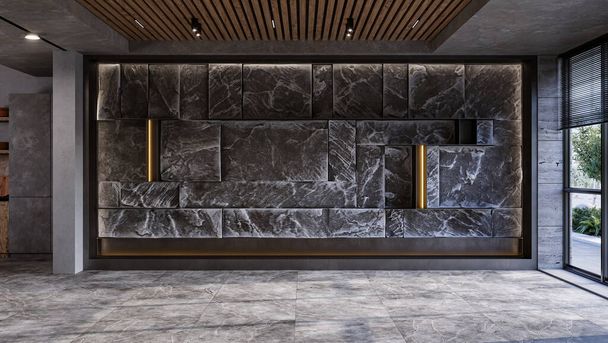 Mountain Rock Wall modernissa huoneistossa. Stone ominaisuus seinät, 3d renderöinti  - Valokuva, kuva