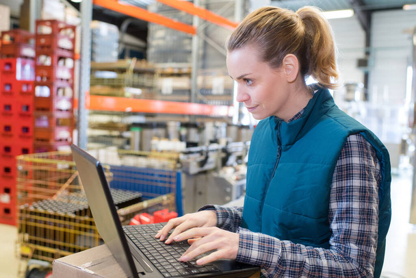 woman with laptop in a warehouse - Фото, зображення