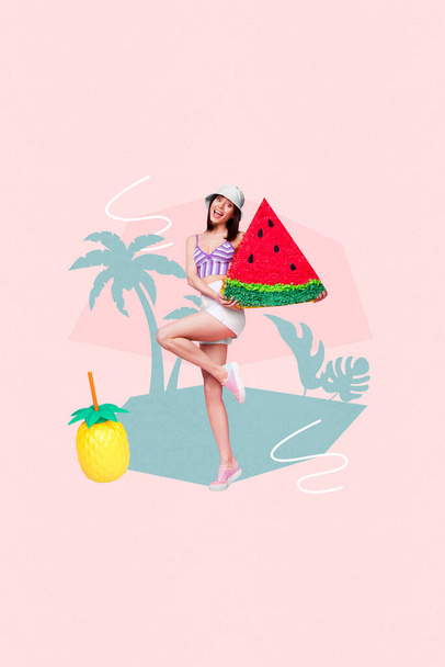 Creative drawing collage picture of young beautiful pretty female holding watermelon paper pinata summer vacation juice fresh fruits. - Фото, зображення