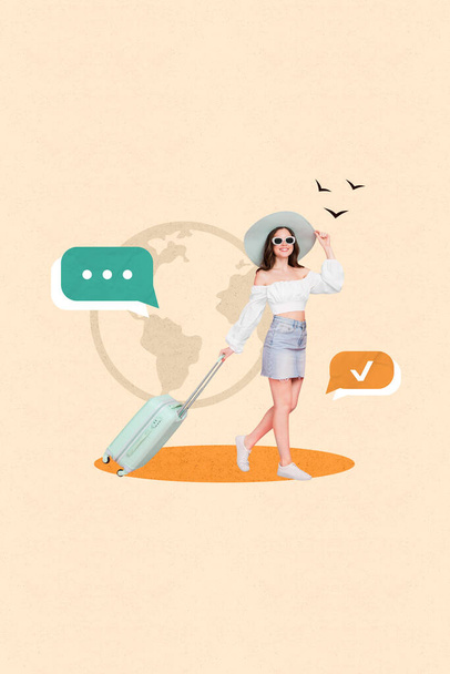 Desenho criativo colagem imagem de belo atraente jovem mulher andando mala chapéu de sol bagagem turista viajante bizarro incomum. - Foto, Imagem