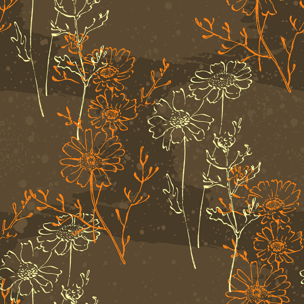 margherite sfondo botanico con fiori di campo alla moda e fiori minimalisti per la decorazione della parete o matrimonio. Erba di linea disegnata a mano, foglie eleganti per invito salvano la carta di data. Rustico botanico - Vettoriali, immagini