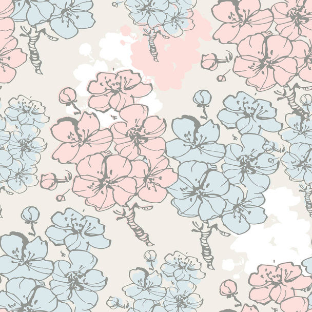 Cherry seamless pattern. Vintage hand drawn vector illustration in sketch style. Doodle cherry and abstract elements. Japanese cherry blossom. - Vektor, obrázek