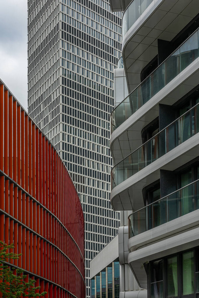 FRANKFURT AM MAIN, GERMANY-MAY 14, 2023: Skyscrapers near the Frankfurt exhibition center, Frankfurt, Germany - Foto, afbeelding