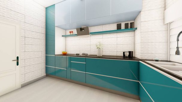 キッチンインテリアデザインキャビネット現実的な視点を閉じる3D可視化 - 写真・画像