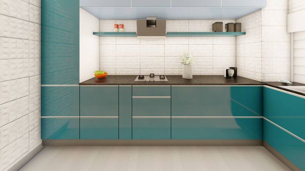 Visualización realista del diseño interior de la cocina con gabinetes verdes azulados - Foto, Imagen