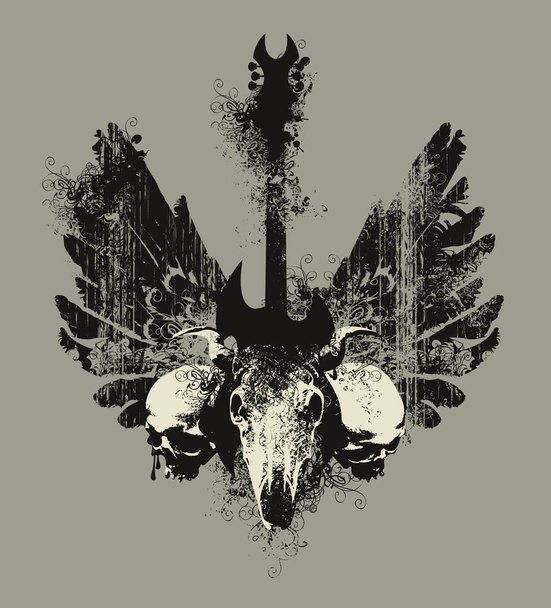 Vector sign illustration with an electric guitar, and the skull of a cow or bull with horns, human skull and wings with splashes and curls in grunge style - Διάνυσμα, εικόνα