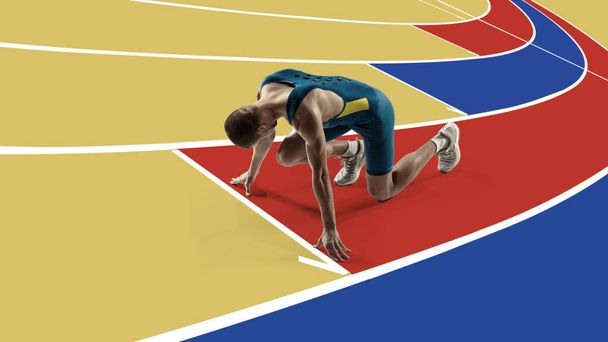 Collage. Young muscular man, professional male athlete, runner training on colorful marathon stadium. Endurance and speed. Concept of sport, active lifestyle, competition, action and motion - Foto, Bild