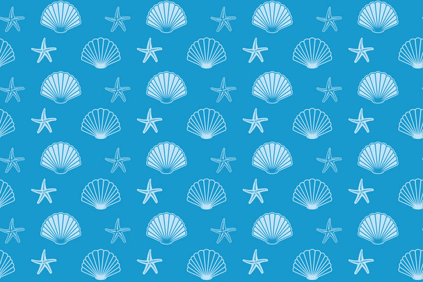 blaues nahtloses Muster mit Muscheln und Seesternen - dekorativer Vektor-Hintergrund - Vektor, Bild