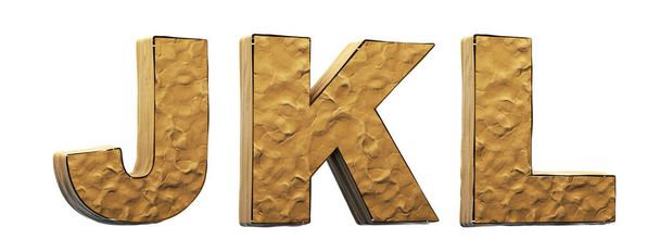 Litery: j, k, l, glina. Brudny alfabet 3D wymodelowany z gliny.  - Zdjęcie, obraz