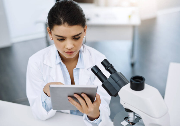 Research, scientist and woman with tablet in laboratory for medical study online. Technology, science and female doctor with touchscreen for website, healthcare and reading, check results or analysis. - 写真・画像