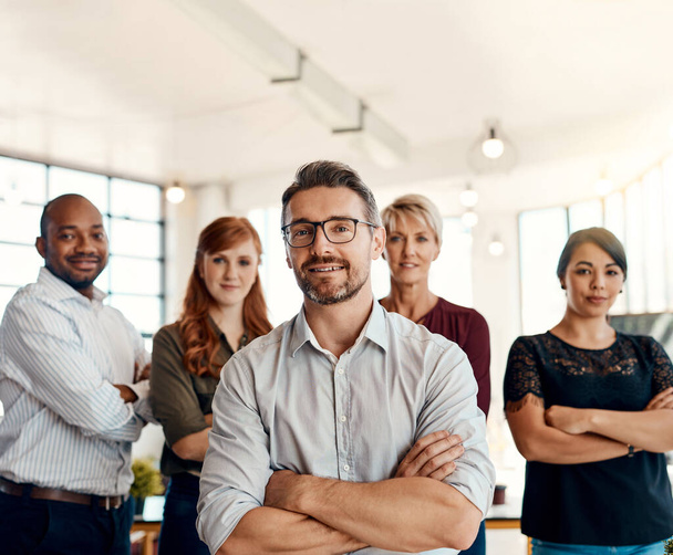 Businessman, portrait and team with arms crossed in management, leadership or creative group at the office. Confident business people or professional in teamwork, startup or about us at the workplace. - Photo, Image