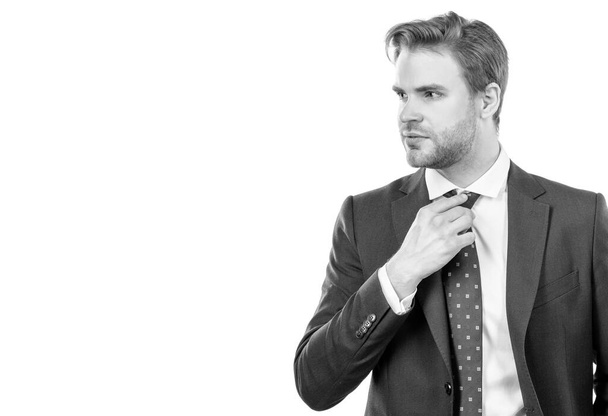 Serious businessman man adjust necktie in formal suit isolated on white copy space, professional. - Valokuva, kuva