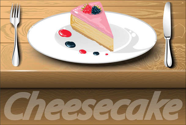Φέτα κέικ μούρο σε λευκή πινακίδα με σταγόνες σμέουρο και - Διάνυσμα, εικόνα