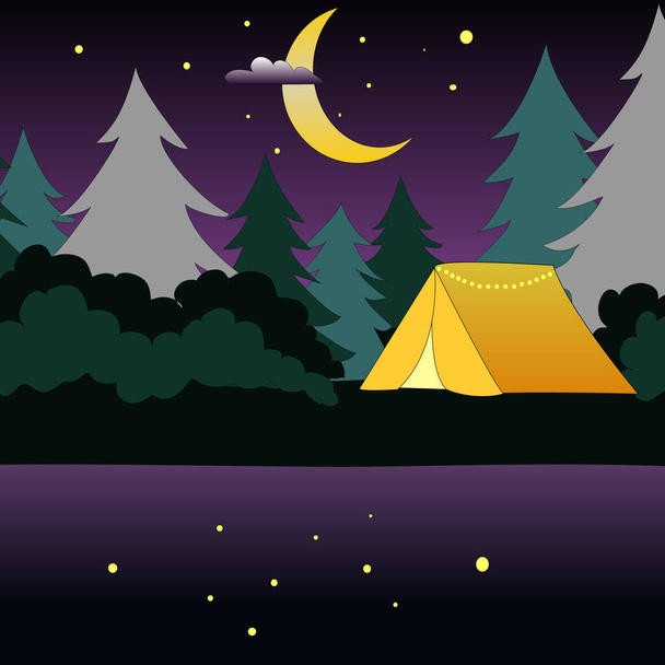 Camping at night in yellow tent with lake and boat, trees and purple starry sky. - Vector, Image