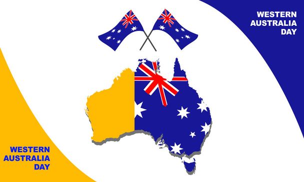 Karte von Australien mit einem Flaggenhintergrund, der westlich mit gelben und 2 australischen Flaggen markiert ist. Der Western Australia Day feiert den Tag des britischen Kapitäns Charles Fremantle Britisch im Jahr 1829 - Vektor, Bild