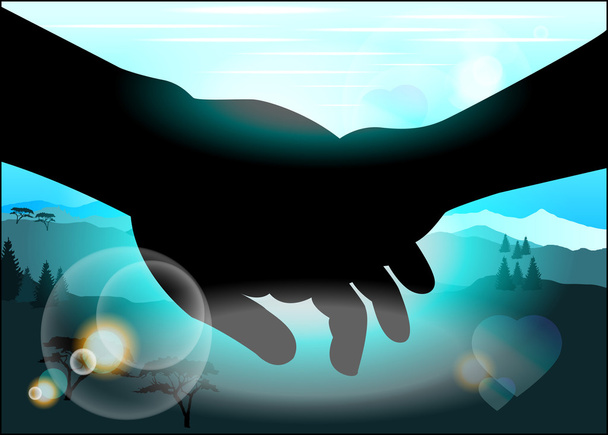 Silhouette holding hands against the backdrop of the picturesque - Vector, Image