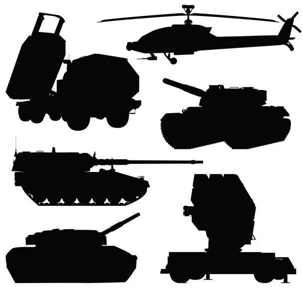 Militaire voertuigen silhouet SET. HIMARS, gevechtstank, luchtverdedigingssysteem. Helikopter Apache. Zelfrijdende houwitser. Illustratie geïsoleerd op witte achtergrond. - Foto, afbeelding