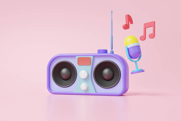 Retro radio vintage with microphone podcast, music notes floating on pink pastel background. Music wave media connection concept. Minimal cartoon style, Banner. 3d rendering illustration - Foto, Imagen