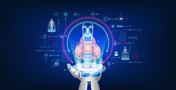 Futuristische kybernetische Medizin-Robotik-Technologie. Das virtuelle Hologramm der menschlichen Schilddrüse schwebt mit medizinischem Symbol von der Roboterhand weg. Innovative Roboter mit künstlicher Intelligenz unterstützen die Gesundheitsversorgung. 3D-Vektor. - Vektor, Bild