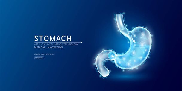 Website template. Human stomach anatomy translucent low poly triangles. Futuristic glowing organ hologram on dark blue background. Medical innovation diagnosis treatment concept. Banner vector. - Vector, Image