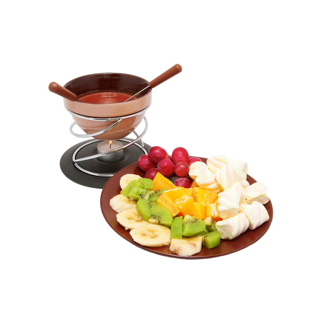 Suklaa fondue ja viipaloidut hedelmät
  - Valokuva, kuva
