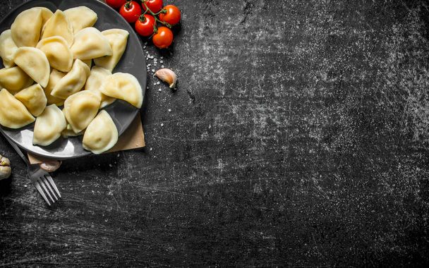 Dumplings with tomatoes on a branch and garlic. On dark rustic background - 写真・画像